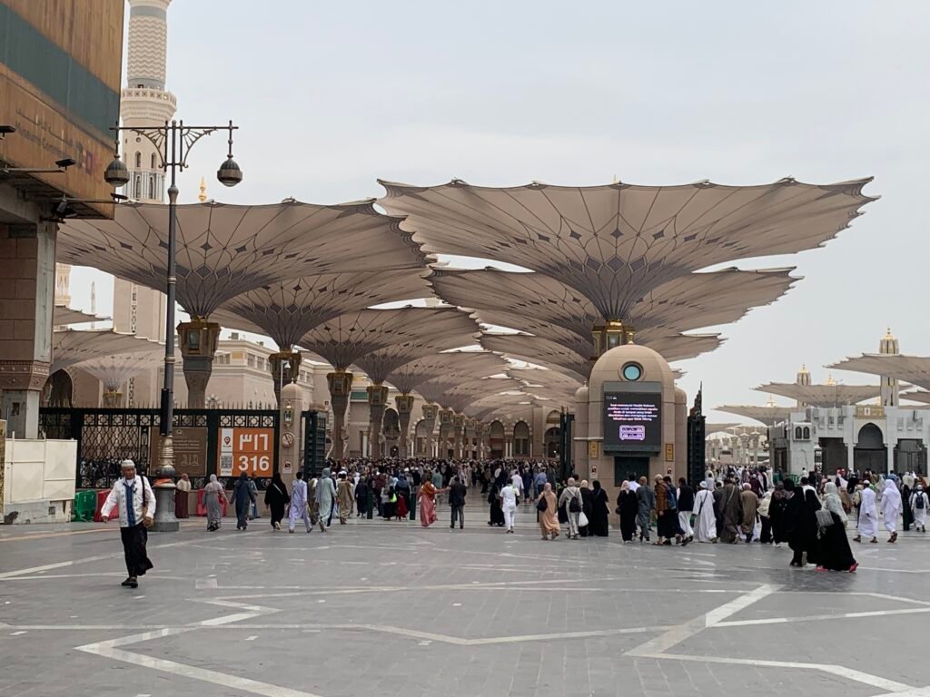 The mesmerizing retractable umbrellas at Masjid Al Nabawi in Medina projects a sense of calm and serenity