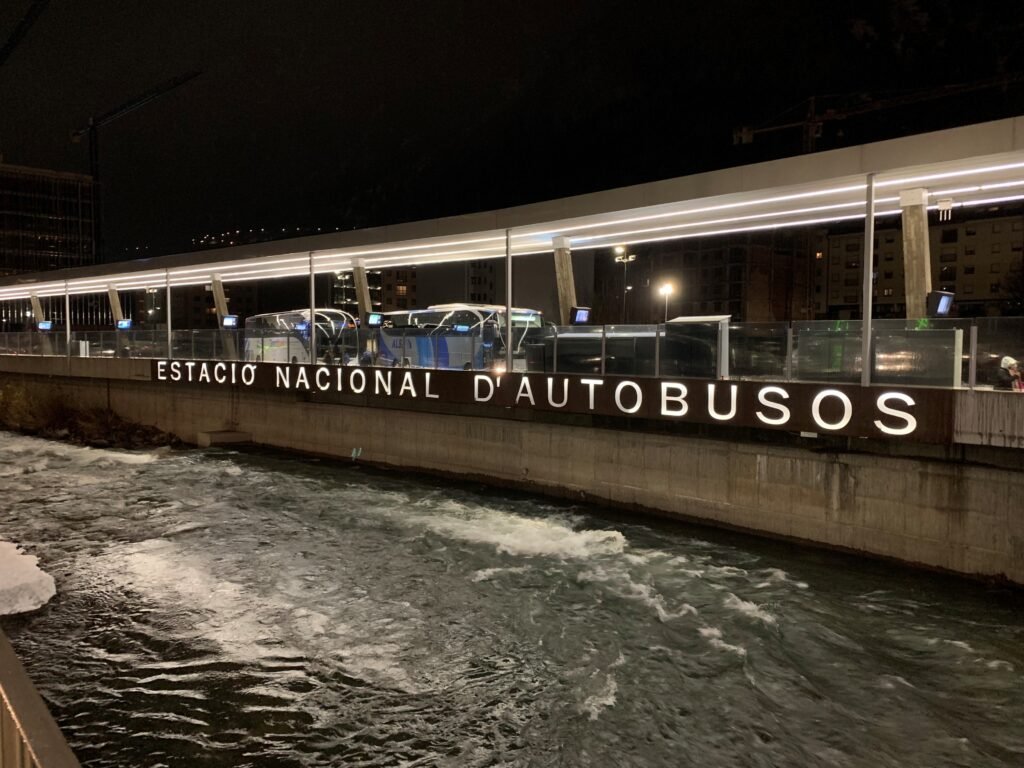 Day Trip to Andorra. The Andorra bus station right beside the La Valira, a rapidly moving river.