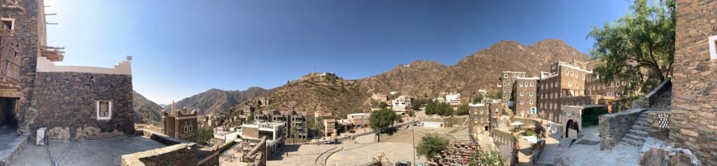 Panorama at one of the terraces with a view to the mountains around Rijal Alma'a Museum.