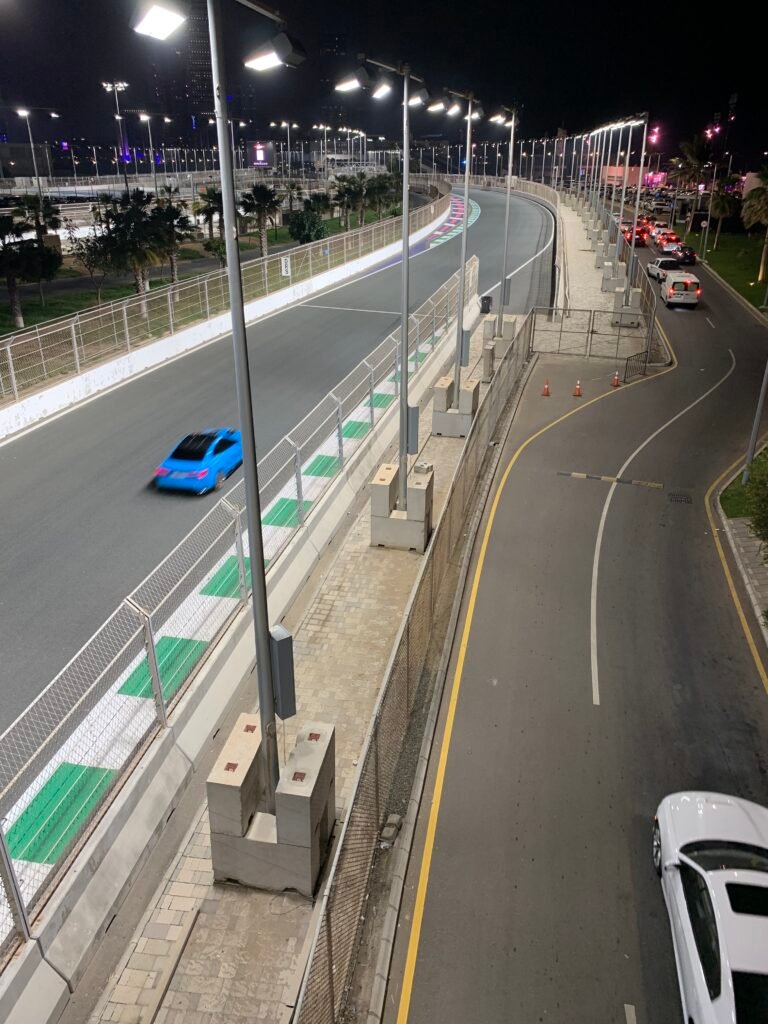 Impromptu racing or practice racing happening at the Jeddah Circuit.