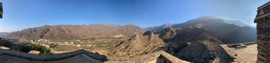 Panorama from Thee Ain Heritage Village. Al Bahah is on top of the mountain on the right.