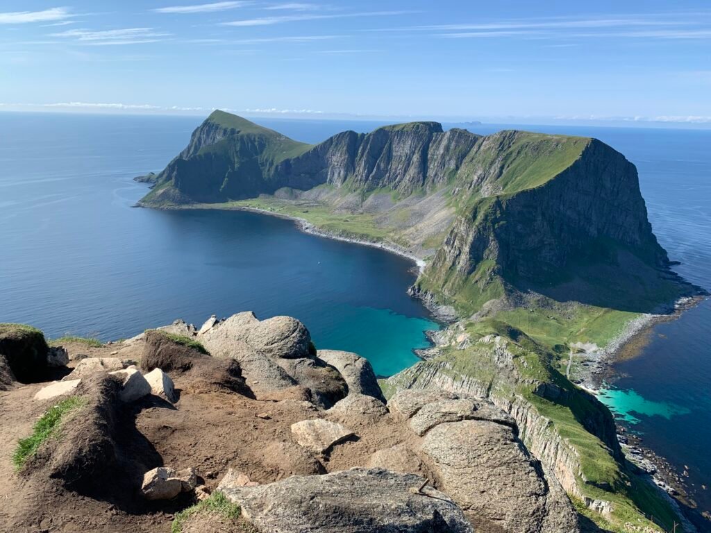 Kingdom of Norway. View from the summit of the Haen Trail at Vaeroy at the Lofoten Islands